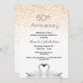 50周年結婚記念日の愛の白い2羽のスワン 招待状 (正面/裏面)