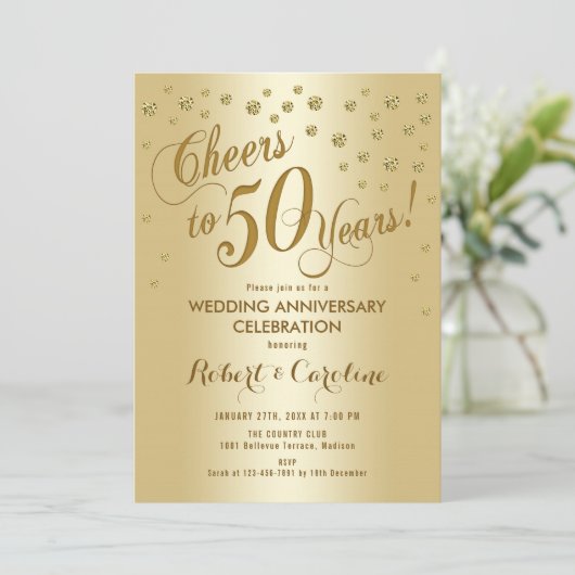 50周年結婚記念日の招待状(ゴールド) 招待状 (スタンド正面)