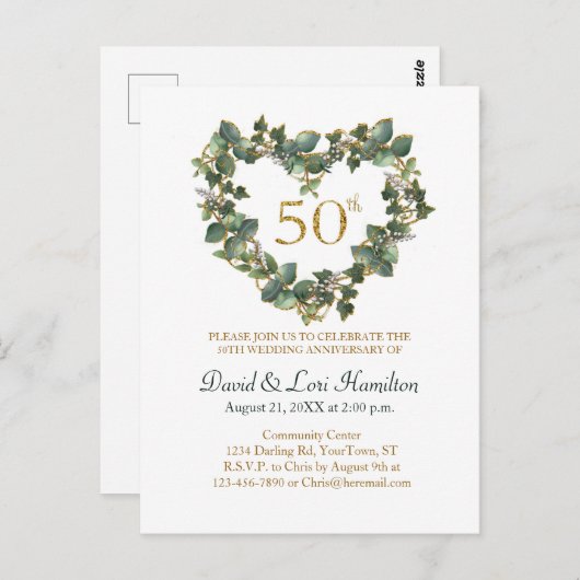 50周年結婚記念日の水彩イーブィハートリース ポストカード (正面/裏面)