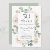 50周年結婚記念日の白いバラの花束 招待状 (正面/裏面)