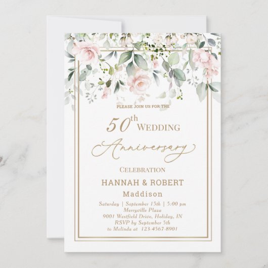 50周年結婚記念日の白とピンクのバラの招待状 セーブザデート (正面)