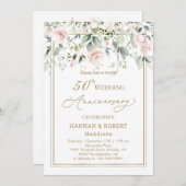 50周年結婚記念日の白とピンクのバラの招待状 セーブザデート (正面/裏面)