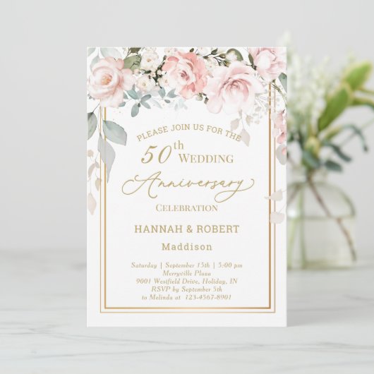 50周年結婚記念日の白とピンクのバラの招待状 セーブザデート (スタンド正面)