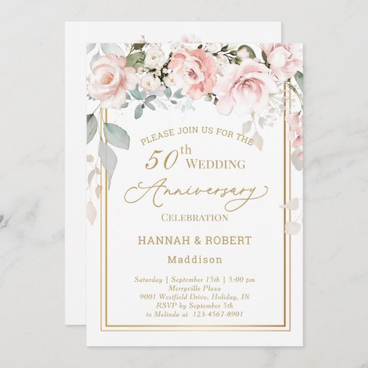 50周年結婚記念日の白とピンクのバラの招待状 セーブザデート (正面/裏面)