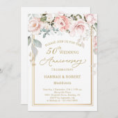 50周年結婚記念日の白とピンクのバラの招待状 招待状 (正面/裏面)