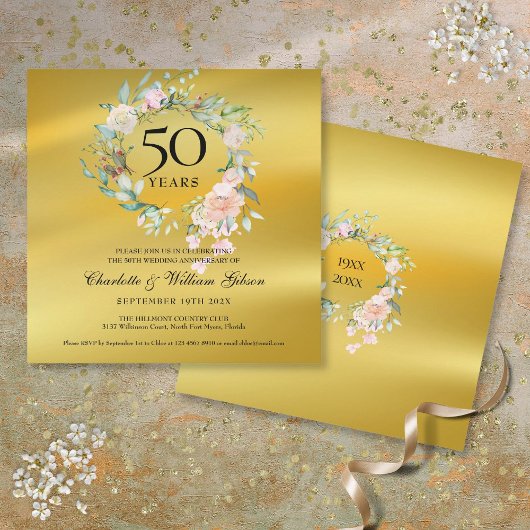 50周年結婚記念日の花飾りゴールド箔 招待状