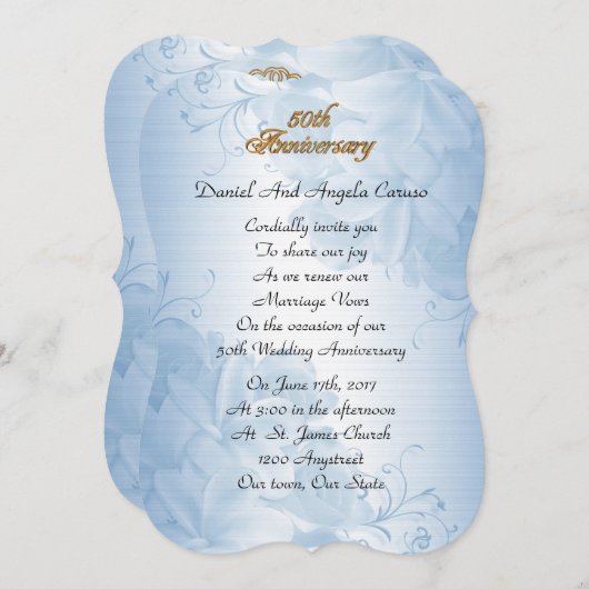 50周年結婚記念日の誓いの更新　青いサテン 招待状 (正面/裏面)