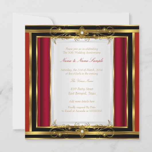 50周年結婚記念日の赤いゴールドブラックとホワイト 招待状 (裏面)