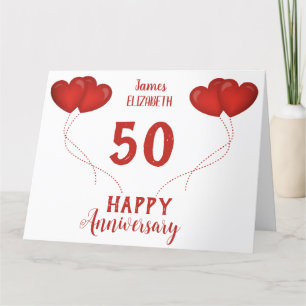 50周年結婚記念日の赤いハート風船 サンキューカード