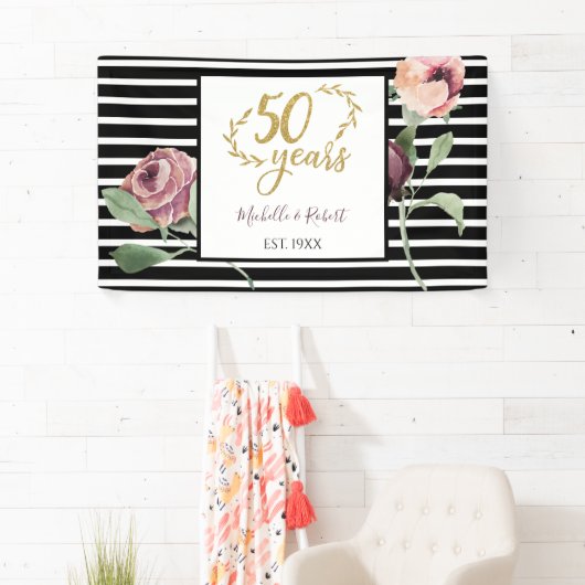 50周年結婚記念日の赤いバラのゴールドグリッター50 横断幕 (インサイチュ)