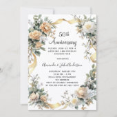 50周年結婚記念日の黄色の花モチーフとゴールド 招待状 (正面)