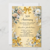 50周年結婚記念日の黄色の花飾りと金色のリボン 招待状 (正面)
