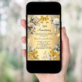 50周年結婚記念日の黄色の花飾りと金色のリボン 招待状