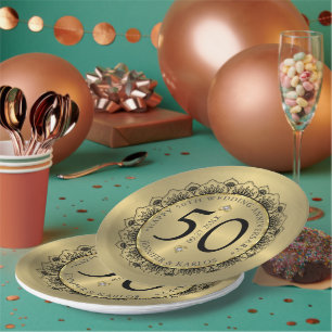 50周年結婚記念日の黒レースとゴールド ペーパープレート