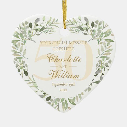 50周年結婚記念日グリーン モノグラム セラミックオーナメント (正面)