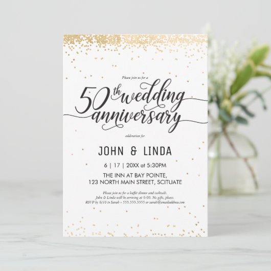 50周年結婚記念日パーティー招待状 - ゴールド 招待状 (スタンド正面)