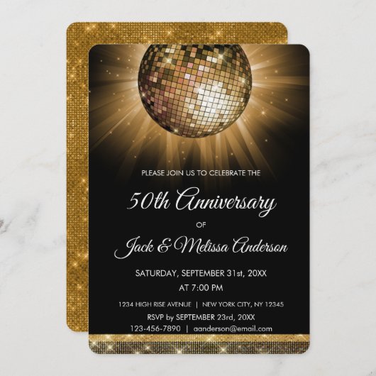 50周年結婚記念日パーティー ゴールド ディスコボール 招待状 (正面/裏面)