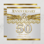 50周年結婚記念日パーティー ゴールド リングス ホワイト 招待状 (正面/裏面)
