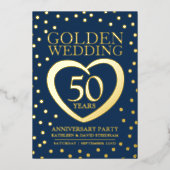 50周年結婚記念日パーティー 青と金 箔招待状 (正面)