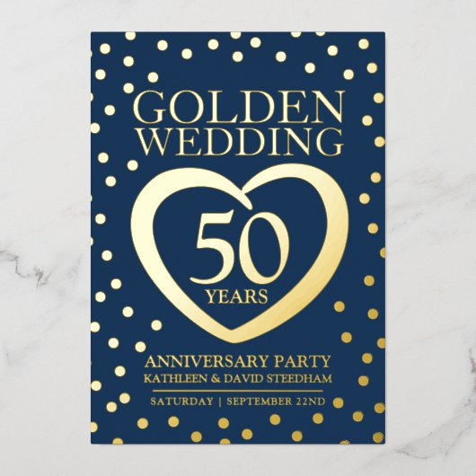 50周年結婚記念日パーティー 青と金 箔招待状 (正面)