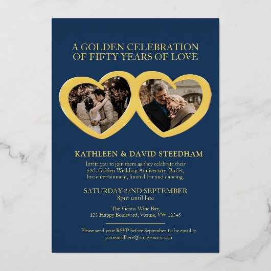 50周年結婚記念日パーティー 青と金 箔招待状 (裏面)