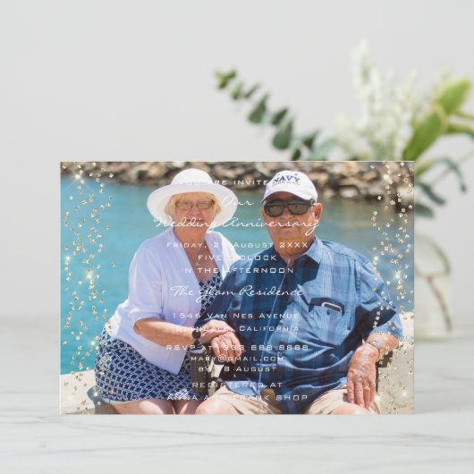 50周年結婚記念日写真 ゴールド コンフェッティ ファミ 招待状 (スタンド正面)
