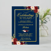 50周年結婚記念日写真 ブッシュピンクの赤い花 箔招待状 (立ち正面)