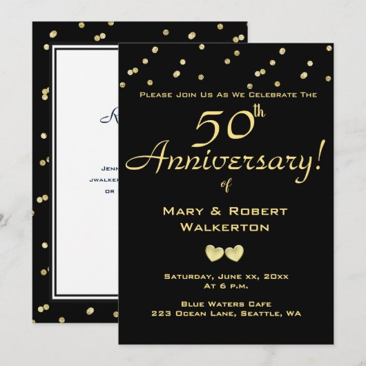 50周年結婚記念日招待状 - ゴールドハート 招待状 (正面/裏面)
