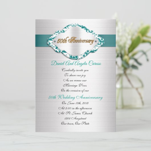 50周年結婚記念日招待状 ティールサテン 招待状 (スタンド正面)