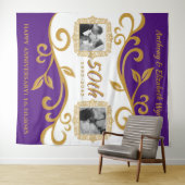 50周年結婚記念日 あなたの写真 パープルゴールド タペストリー (インサイチュ(横))