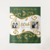 50周年結婚記念日 あなたの写真 緑 金 タペストリー (正面)