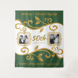 50周年結婚記念日 あなたの写真 緑 金 タペストリー