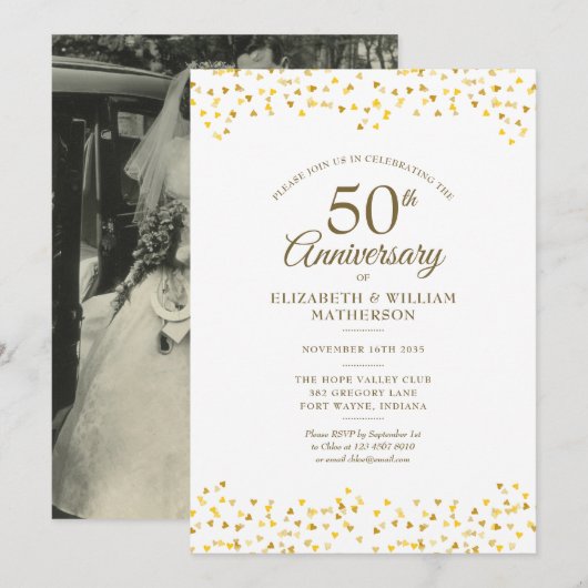 50周年結婚記念日 おしゃれなゴールドハートの写真 招待状 (正面/裏面)