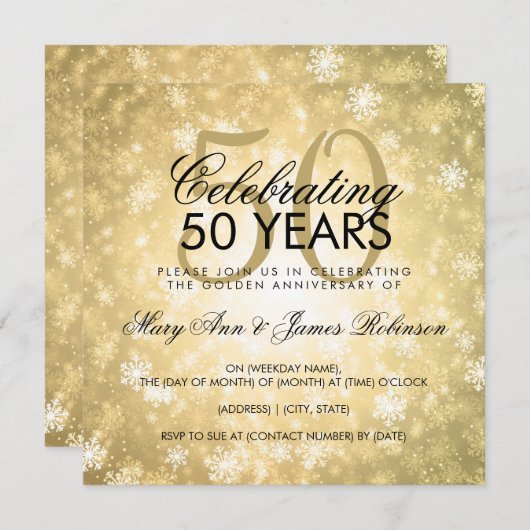 50周年結婚記念日 ウィンター ワンダーランド ゴールド 招待状 (正面/裏面)