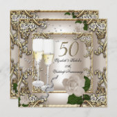 50周年結婚記念日 クリーム ゴールド ローズ シルバー 招待状 (正面/裏面)