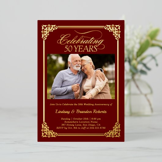 50周年結婚記念日 ゴールド お祝い フォト 箔招待状 (立ち正面)