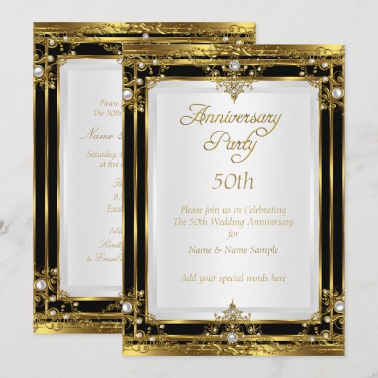 50周年結婚記念日 ゴールド ブラック ホワイトパール 招待状 (正面/裏面)