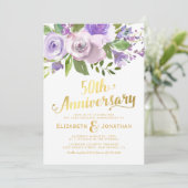 50周年結婚記念日 パープル ゴールド フラワー 招待状 (スタンド正面)