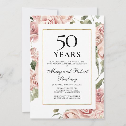 50周年結婚記念日 ピンクのバラの花束 招待状 (正面)