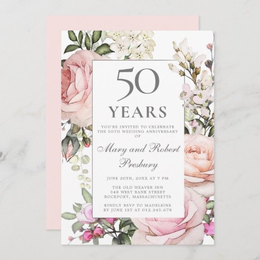 50周年結婚記念日 ピンクのバラの花束 招待状 (正面/裏面)