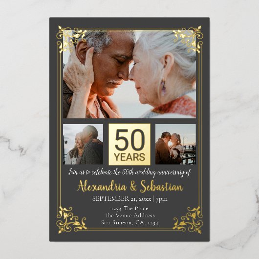 50周年結婚記念日 フォトフレーム付き 箔招待状 (正面)