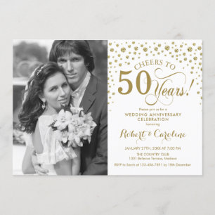 50周年結婚記念日 フォト付き - ゴールド ホワイト 招待状