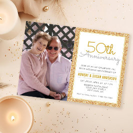 50周年結婚記念日 フォト ゴールド グリッター 招待状