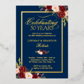 50周年結婚記念日 フォト ブラッシュ レッド フラワーズ 箔招待状 (正面)