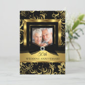 50周年結婚記念日 ブラックゴールド ダマスク フォト 招待状 (スタンド正面)