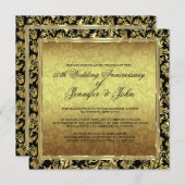 50周年結婚記念日 ブラック&ゴールドのダマスク 招待状 (正面/裏面)