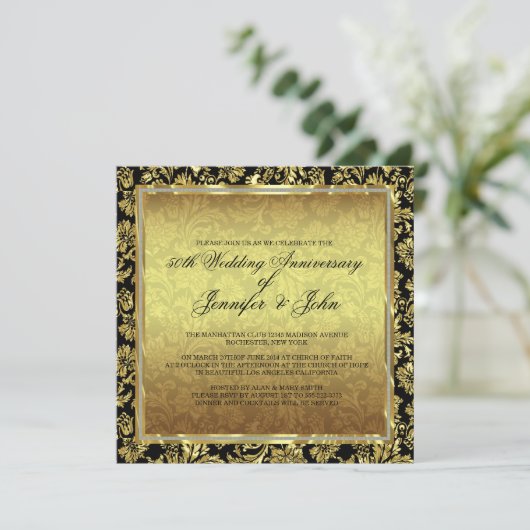 50周年結婚記念日 ブラック&ゴールドのダマスク 招待状 (スタンド正面)