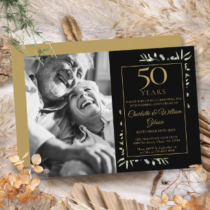 50周年結婚記念日 ブラック ゴールド グリーンフォト 招待状