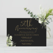 50周年結婚記念日 ブラック＆ゴールド フラワー 招待状 (スタンド正面)