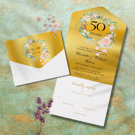 50周年結婚記念日 モノグラム フラワー ゴールド オールインワン招待状